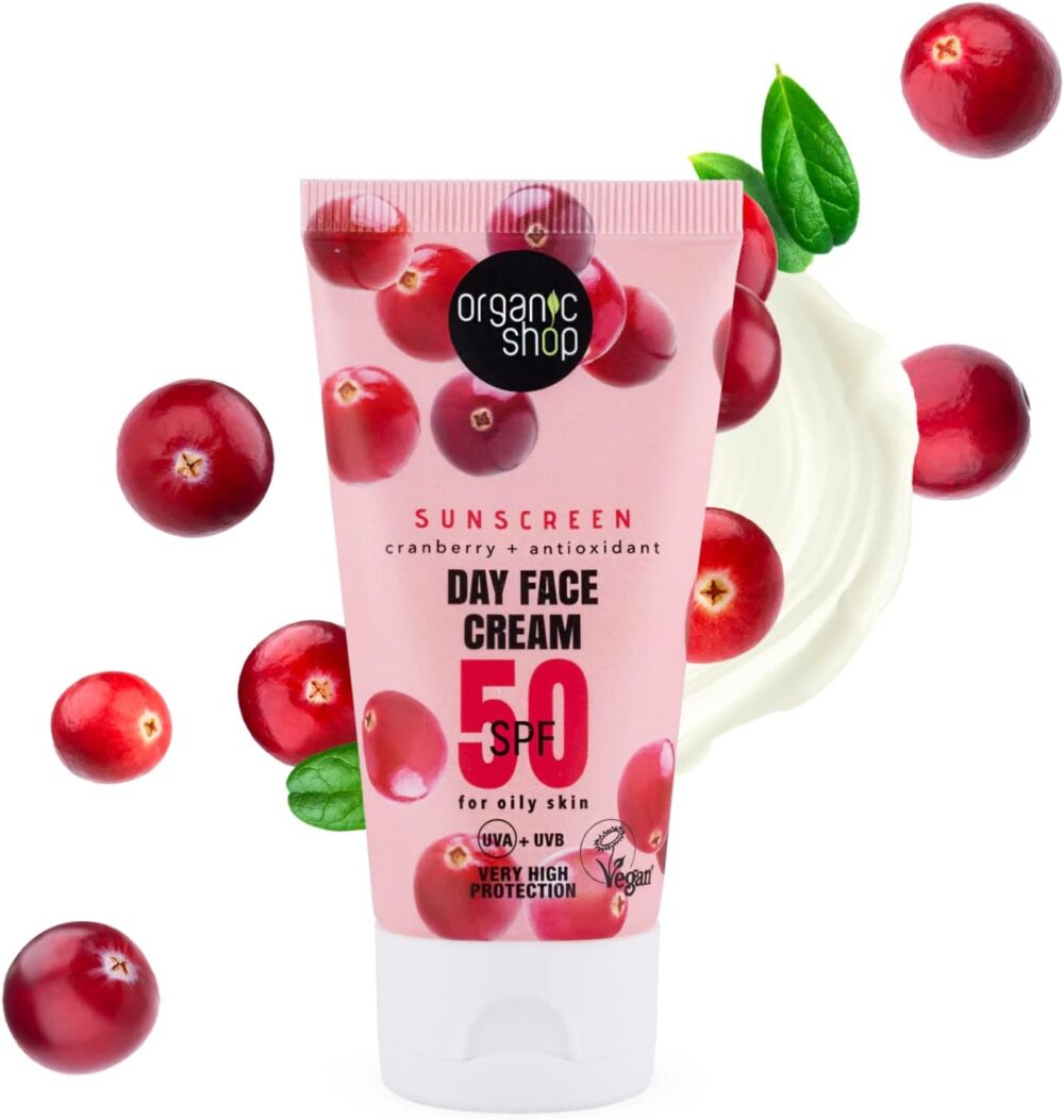 Protector Facial piel grasa SPF50. Crema de día facial con protección solar arándano rojo + antioxidantes, Organic Shop