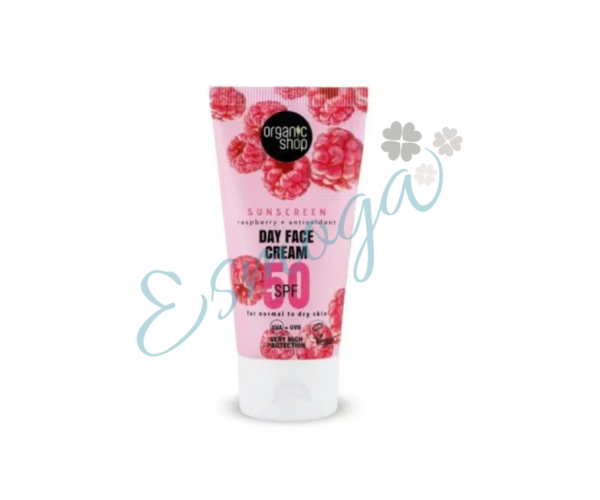 Protector Facial piel normal-seca SPF50. Crema de día facial con protección solar frambuesa + antioxidantes, Organic Shop