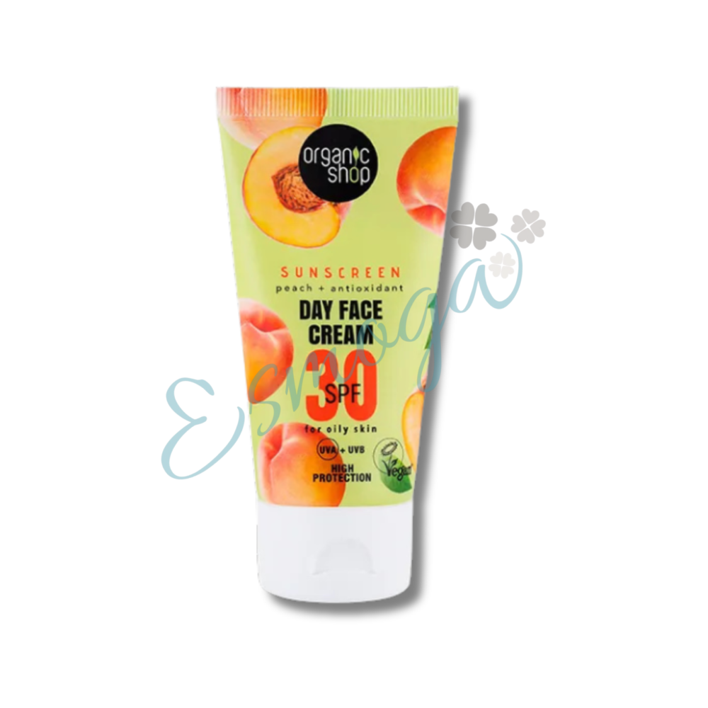 Protector Facial  solar para rostro piel normal-grasa SPF30  Crema de día facial con protección solar melocotón + antioxidantes de Organic Shop.