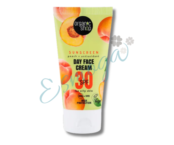 Protector Facial  solar para rostro piel normal-grasa SPF30  Crema de día facial con protección solar melocotón + antioxidantes de Organic Shop.