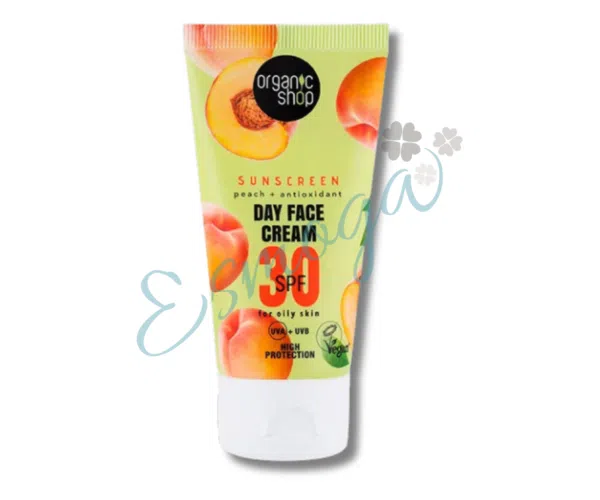 Protector Facial solar para rostro piel normal-grasa SPF30 Crema de día facial con protección solar melocotón + antioxidantes de Organic Shop.