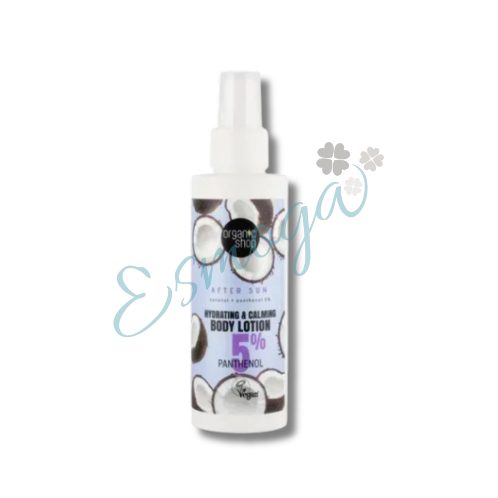 Loción corporal hidratante y calmante aftersun coco + pantenol 5 %, de Organic Shop.