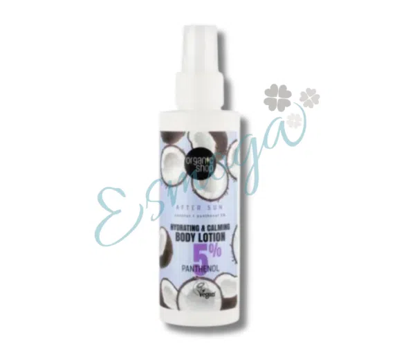 Loción corporal hidratante y calmante aftersun coco + pantenol 5 %, de Organic Shop.