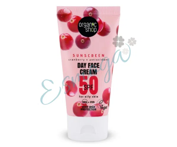Protector Facial piel grasa SPF50. Crema de día facial con protección solar arándano rojo + antioxidantes, Organic Shop